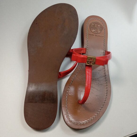 Tory Burch Flat Patent Leather Thong Sandals Women Flip Flop Orange Logo US 7.5 - Picture 12 of 16